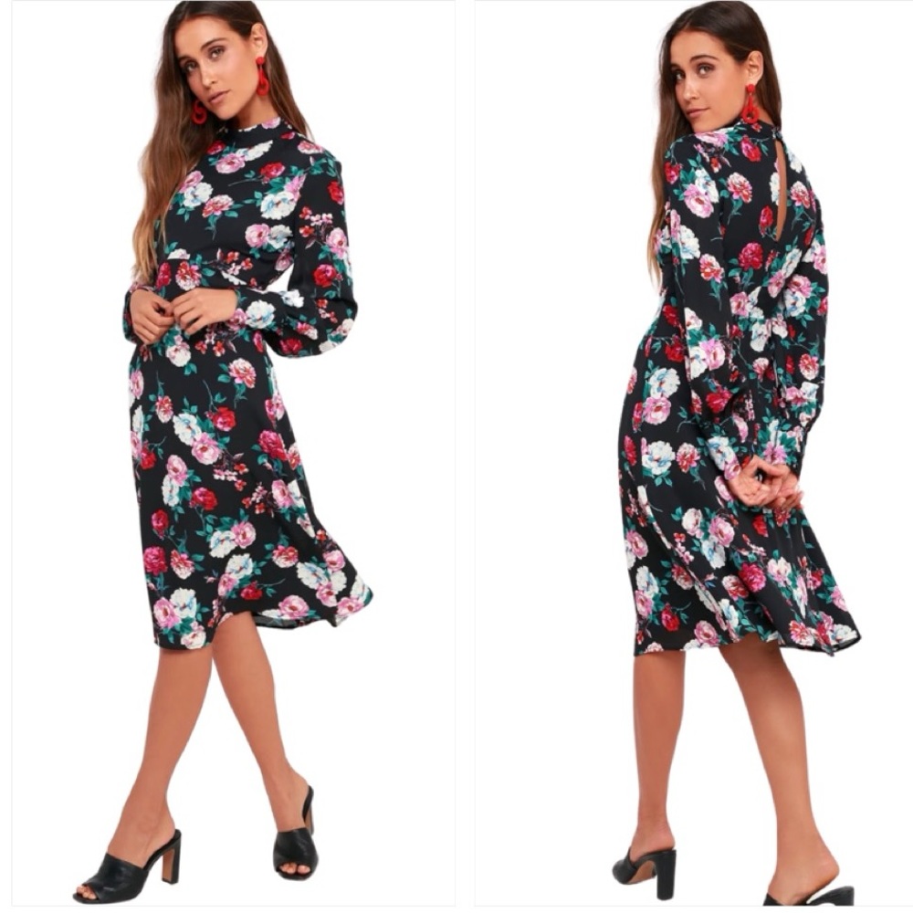 Lulus Garden Gal Long Sleeve Dress Size Medium NWT Black Floral Modest